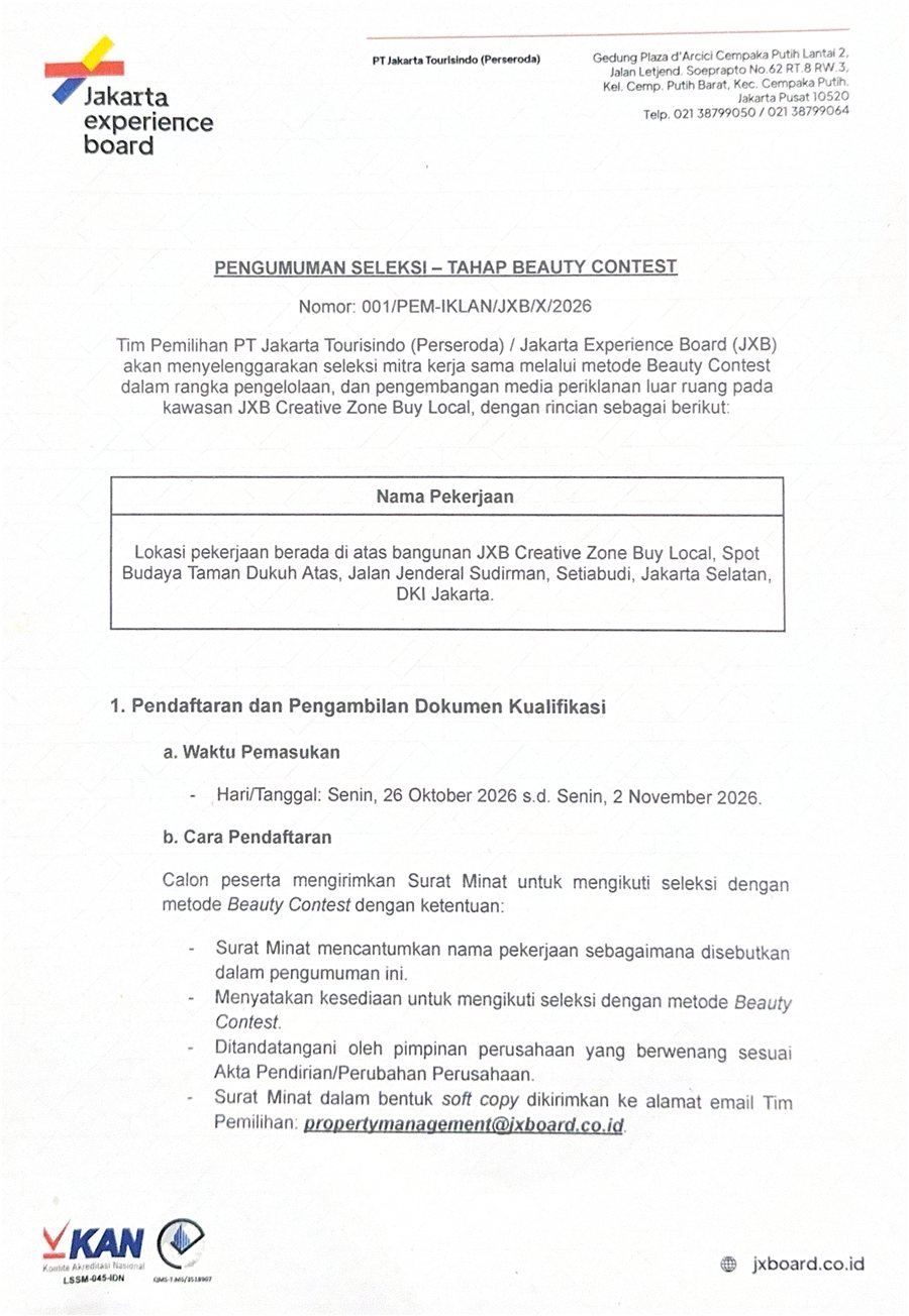 Poster Pengumuman Seleksi Tahap Beauty Contest PT Jakarta Tourisindo (Perseroda)