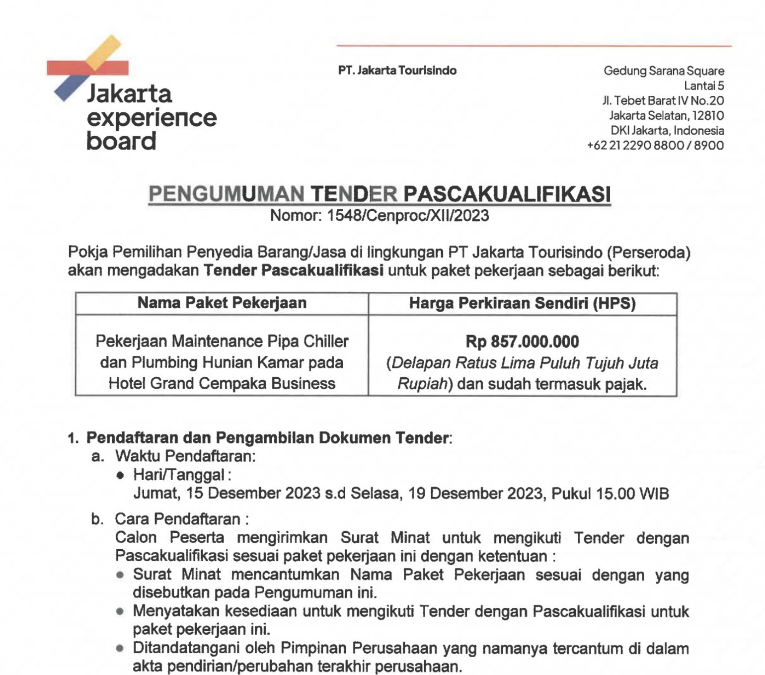 Jakarta Experience Board - Pengumuman Tender - Pengadaan Dan Instalasi ...